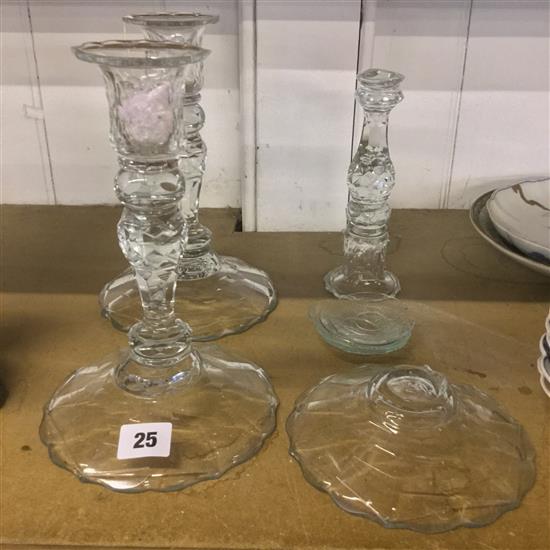 Three George III style facet cut glass candlesticks, one damaged(-)